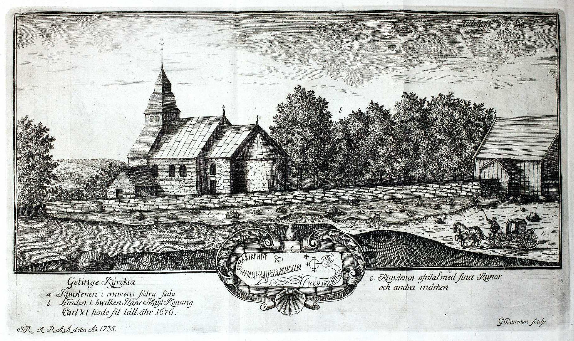 Kopparstick från 1735 som visar Getinge kyrka med spetsigt torn och vitkalkade murar, omgiven av en kyrkogårdsmur och höga lövträd. Till höger en lada, och på vägen i förgrunden en hästdragen vagn.